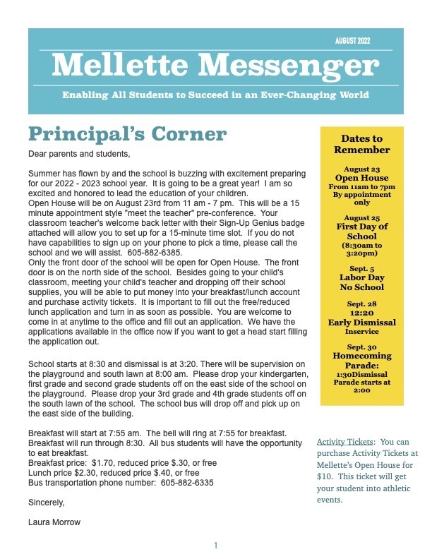 Newsletter Mellette Elementary