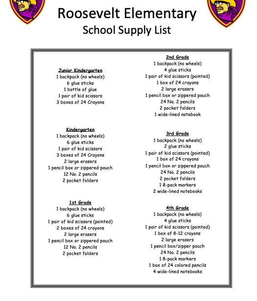 Roosevelt School Supply List Roosevelt Elementary