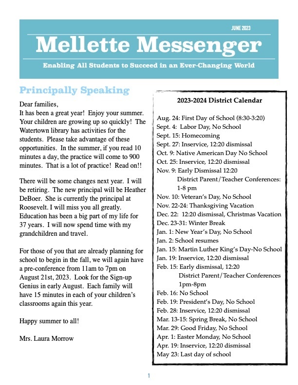 June Newsletter Mellette Elementary