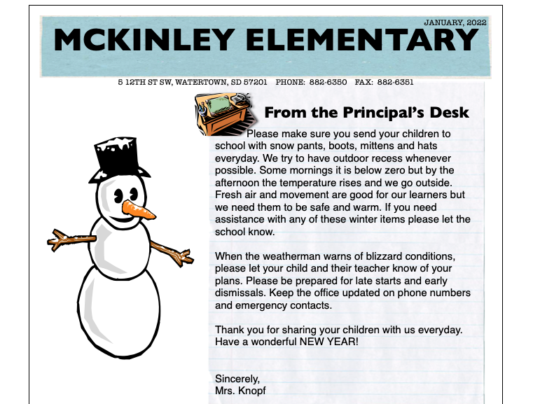 January Newsletter | McKinley Elementary